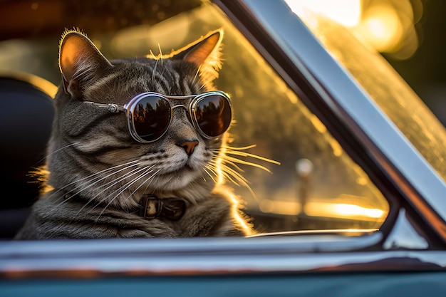 Capture a dreamy reflection by photographing a cat wearing sunglasses with a vintage Leica M6 highlighting the texture and contrast of an old timer car AI Generative