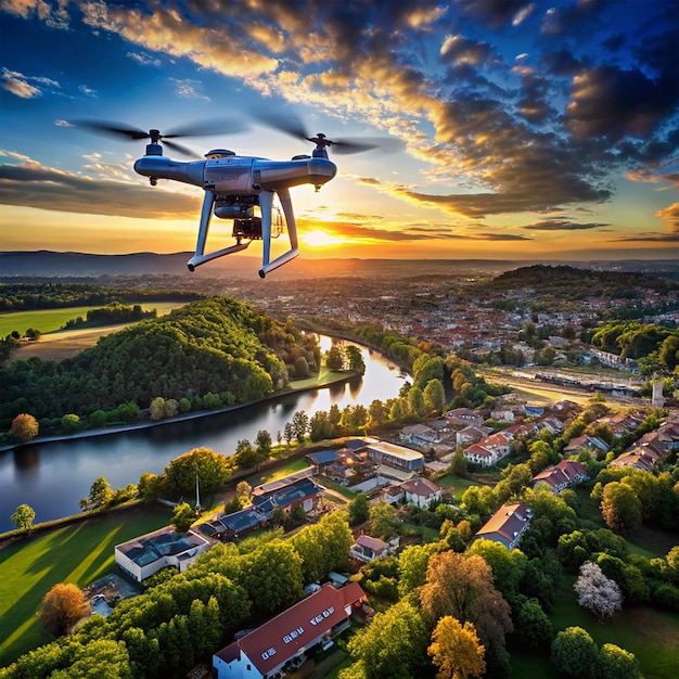 Photo capture a drone in flight over a scenic landscape