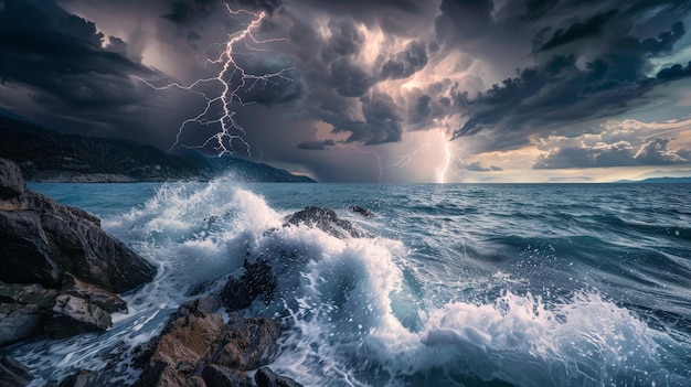 Photo capture the dynamic energy of a stormy sea with dark tumultuous waves crashing against a rocky shore and lightning illuminating the sky