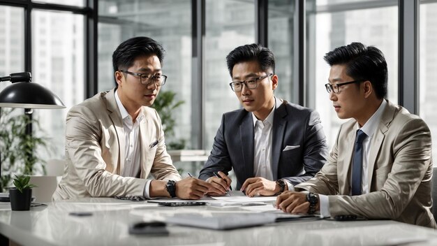 Capture the entrepreneurial spirit of an Asian business team by showcasing three individuals discuss