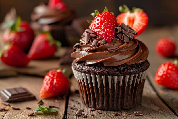 Capture the essence of a chocolatecovered strawberry cupcake in a single image for our recipe website