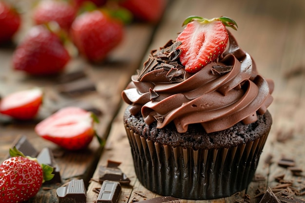 Capture the essence of a chocolatecovered strawberry cupcake in a single image for our recipe website