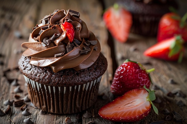 Capture the essence of a chocolatecovered strawberry cupcake in a single image for our recipe website