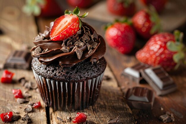 Capture the essence of a chocolatecovered strawberry cupcake in a single image for our recipe website