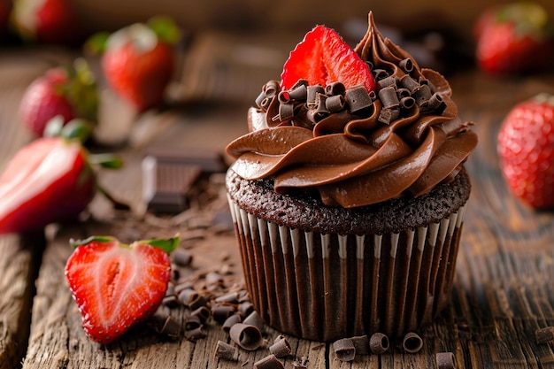 Capture the essence of a chocolatecovered strawberry cupcake in a single image for our recipe website