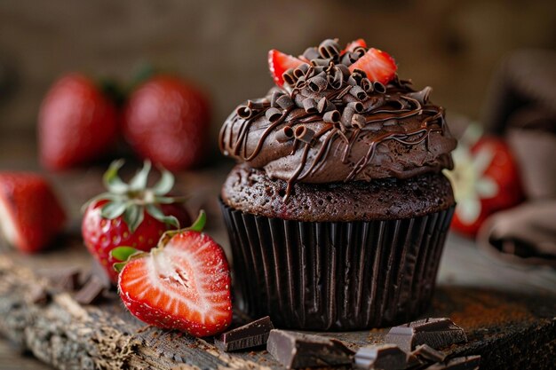 Capture the essence of a chocolatecovered strawberry cupcake in a single image for our recipe website