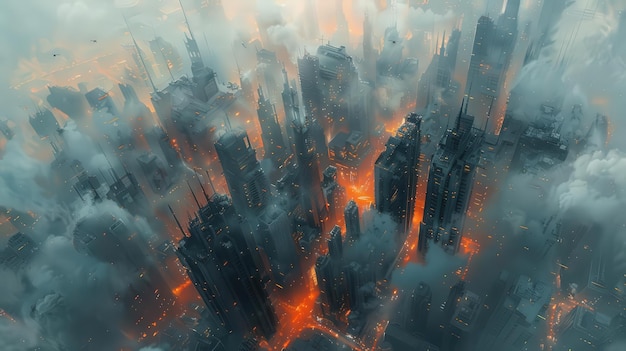 Capture a highangle view of a dystopian cityscape