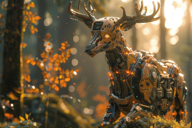 Capture the intricate details of a robotic deer in a lush digital forest setting with dappled sunlig