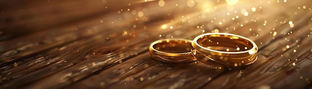 Photo capture the intricate details of two elegant gold wedding rings on a rustic wooden background