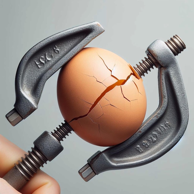 Capture the moment of an egg cracking under the force of a clamp to symbolize stress or pressure