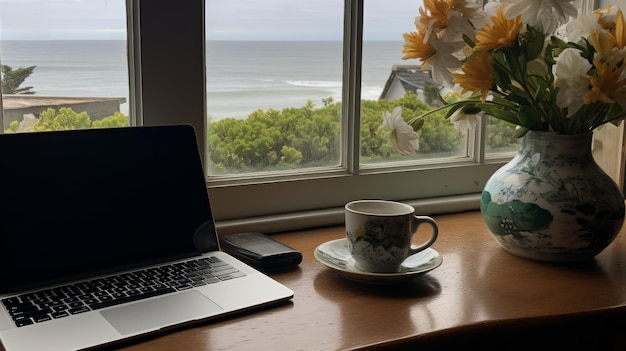 Capture Mug Laptop Waterlily And Pacific Sea View On Table