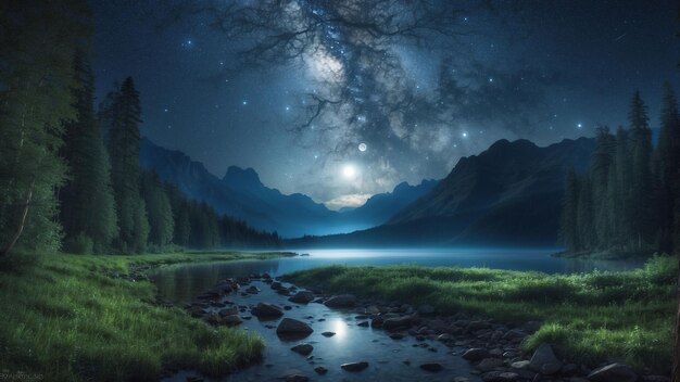 Capture the mystique of the night in a nature landscape photo Show us the serene beauty of a moonli