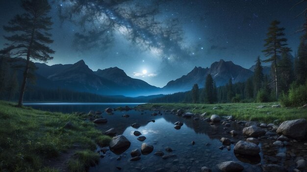 Capture the mystique of the night in a nature landscape photo Show us the serene beauty of a moonli