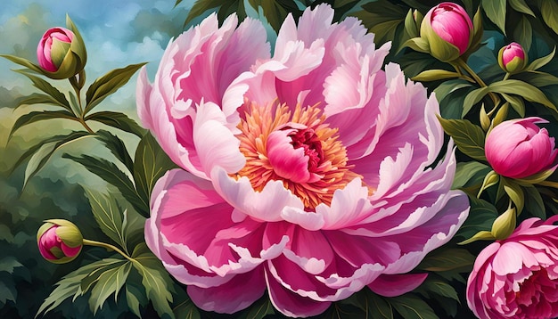 Photo capture natures beauty a vibrant oil painting of a pink peony in the summer garden