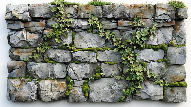 Photo capture a photo of a weathered stone wall with cracks and moss isolated on a white background