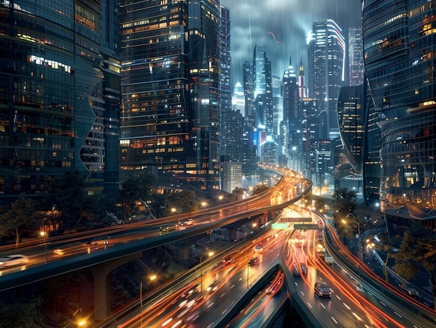 Capture a photorealistic cityscape at night