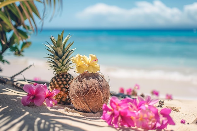 Capture pineapples and coconuts on the beach beneath pink flowers near the water Generative AI