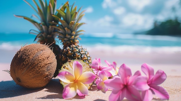 Capture pineapples and coconuts on the beach beneath pink flowers near the water Generative AI