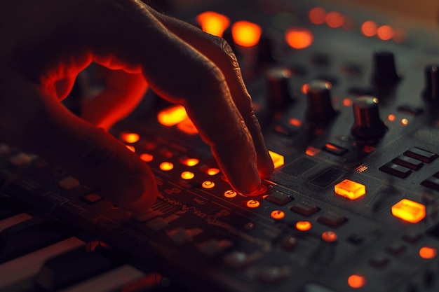 Photo capture a producer39s hand pressing a neonlit button on a sampler or synthesizer