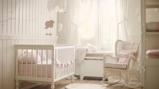 Capture the serene ambiance of a baby room featuring a white crib with soft pastel bedding a cozy rocking chair and a mobile hanging above