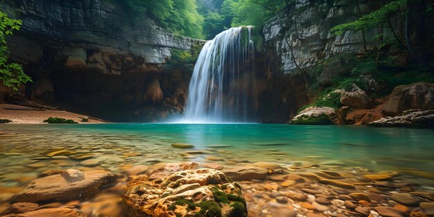 Photo capture the serene beauty of a vertical waterfall cascading down gracefully concept waterfall photography nature exploration vertical falls display