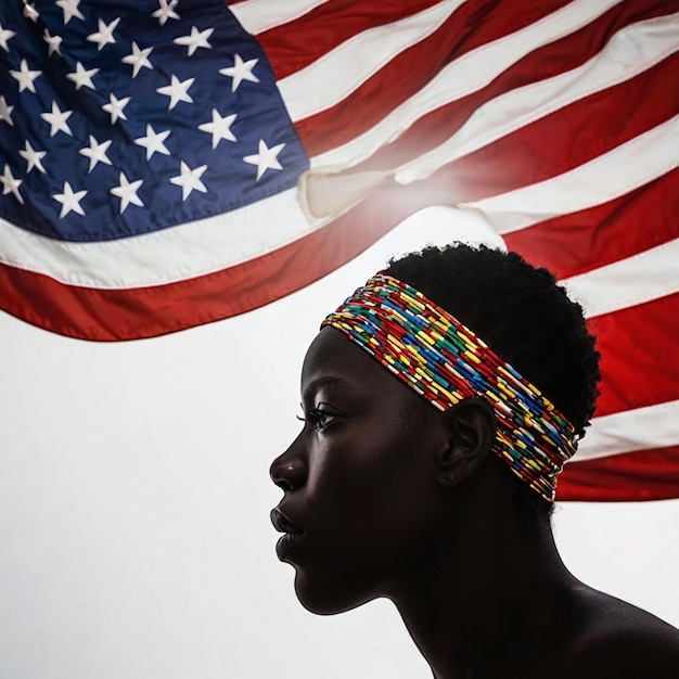 Capture a silhouette of Africa against a backdrop of the American flag symbolizing the intersection