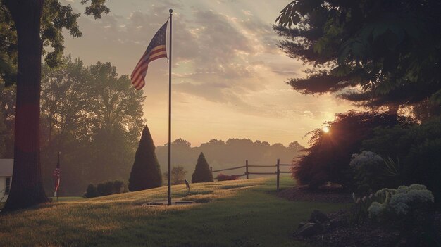 Photo capture the somber atmosphere of a memorial day scene with an american flag lowered to halfmast emphasizing respect and remembrance for fallen heroes