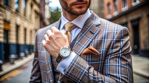 Capture a sophisticated scene in London England where a beautifully crafteddesigner watch is prominently displayed on a mans wrist