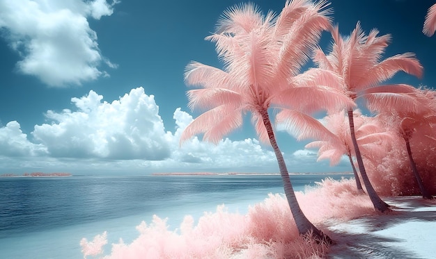 Capture a tranquil island scene in infrared with a soft focus on the palm trees