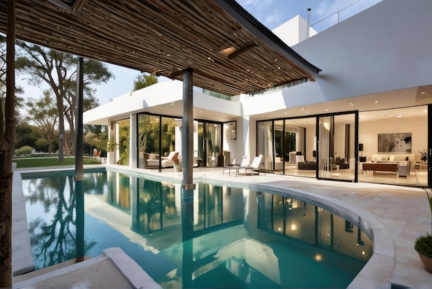 Capture the tranquility of a modern villa featuring a turquoise swimming pool