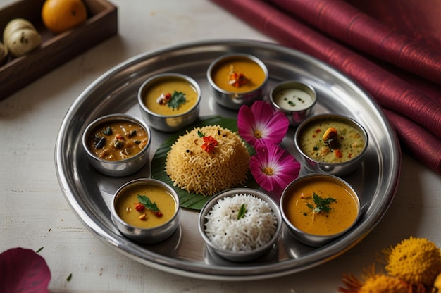 Photo capture the vibrant colors of a traditional south indian thali on a sleek white desk