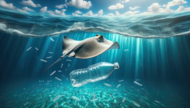 Captured underwater a stingray's grace is juxtaposed against the jarring presence of a plastic intruder