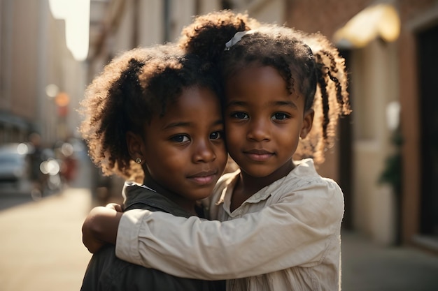 Capturing Authentic Joy Heartwarming Moments of Young Black and White Children Hugging Smiling