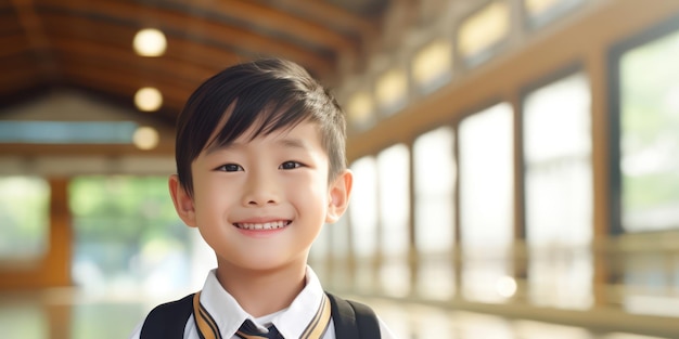 Capturing a cheerful moment of a young Asian schoolboy