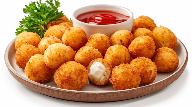 capturing cheese balls chicken nugget white background