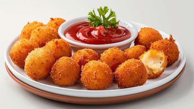 capturing cheese balls chicken nugget white background