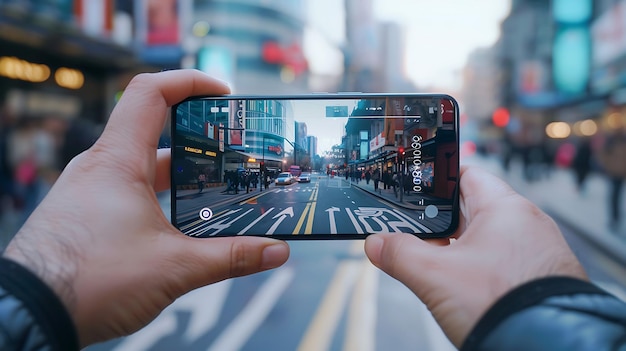 Photo capturing the city man taking photos with smartphone on busy street