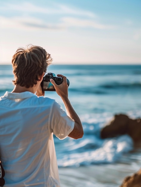 Photo capturing coastal beauty photographer at the beach with ocean waves