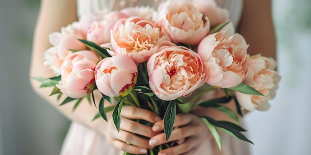 Capturing the Delicate Splendor A Closeup of a Woman39s Hands Tenderly Embracing a Bouquet of Peach Peonies Concept Floral elegance intimate moments delicate beauty