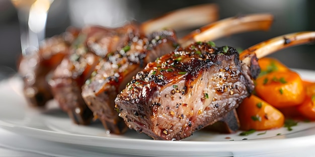 Capturing the Elegance Closeup of Rack of Lamb on a White Plate at a Luxury Restaurant Concept Fine Dining Photography Gourmet Cuisine Culinary Artistry Exquisite Plating Restaurant Showcase