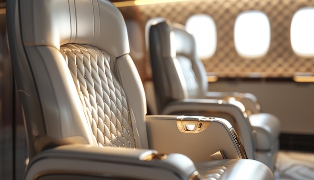 Photo capturing the elegance of firstclass business luxury seats onboard an airplane tailored for