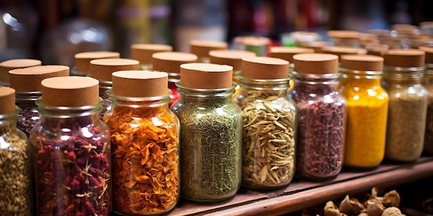 Capturing the Essence of Market Display Dried Flowers Herbs Infusions and Decoctions Concept Market Display Dried Flowers Herbs Infusions Decoctions Essence Capture