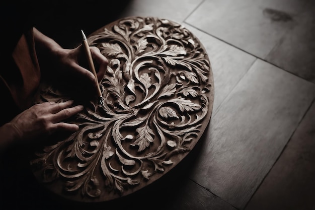 Capturing the essence of modern tradition a craftsman expertly handcrafting intricate heritage designs on rich dark wood AI Generated