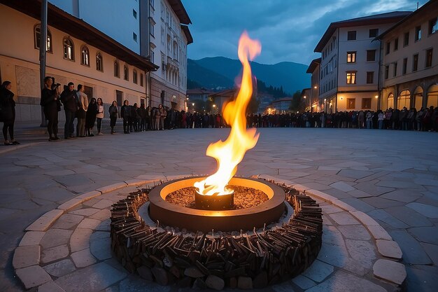 Photo capturing the eternal flame evening photo at sarajevos small chapel