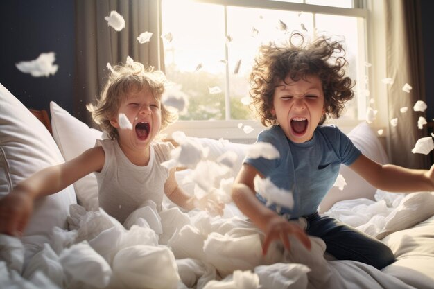 Photo capturing a joyful and energetic childhood moment two young children play in a messy bed creating a delightful scene two kids at home having a good time playing pillow fight ai generated