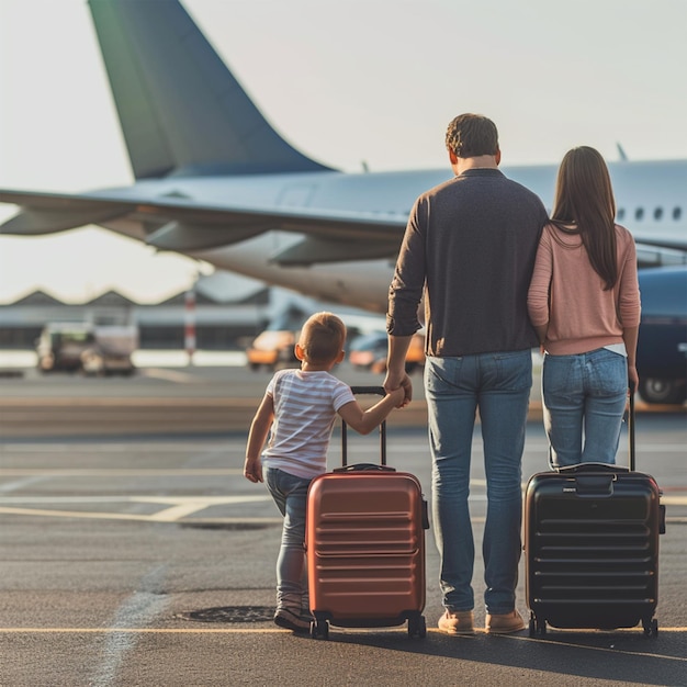 Capturing the joyous adventure as a happy family stands by a towering plane ready to embark with tw