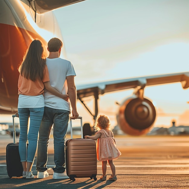 Capturing the joyous adventure as a happy family stands by a towering plane ready to embark with tw