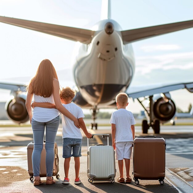 Capturing the joyous adventure as a happy family stands by a towering plane