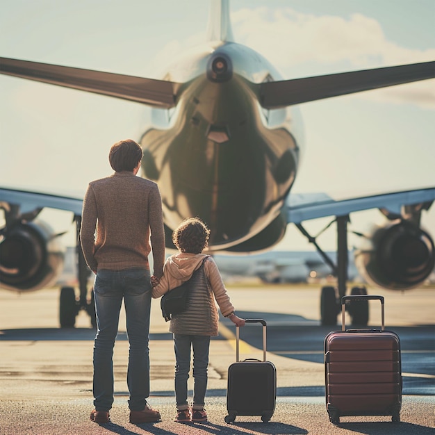 Capturing the joyous adventure as a happy family stands by a towering plane