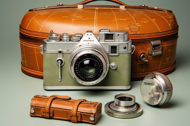 Photo capturing memories an antique camera and its vintage leather case created with generative ai technology